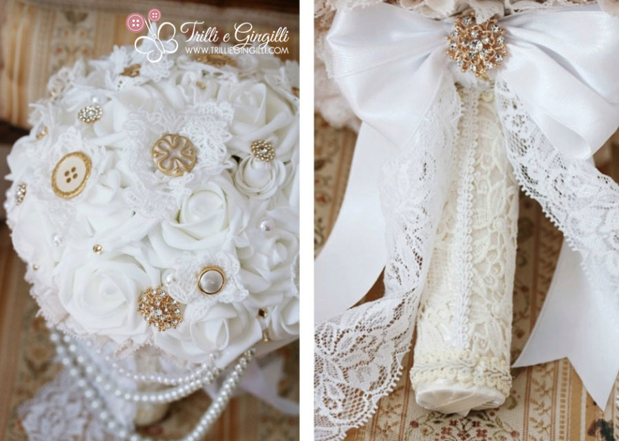 bouquet sposa originale bianco con rose bottoni pizzo