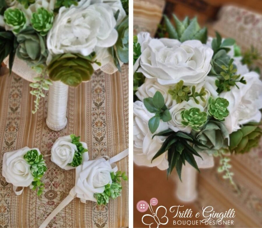 bouquet di piante grasse e rose bianche con accessori coordinati